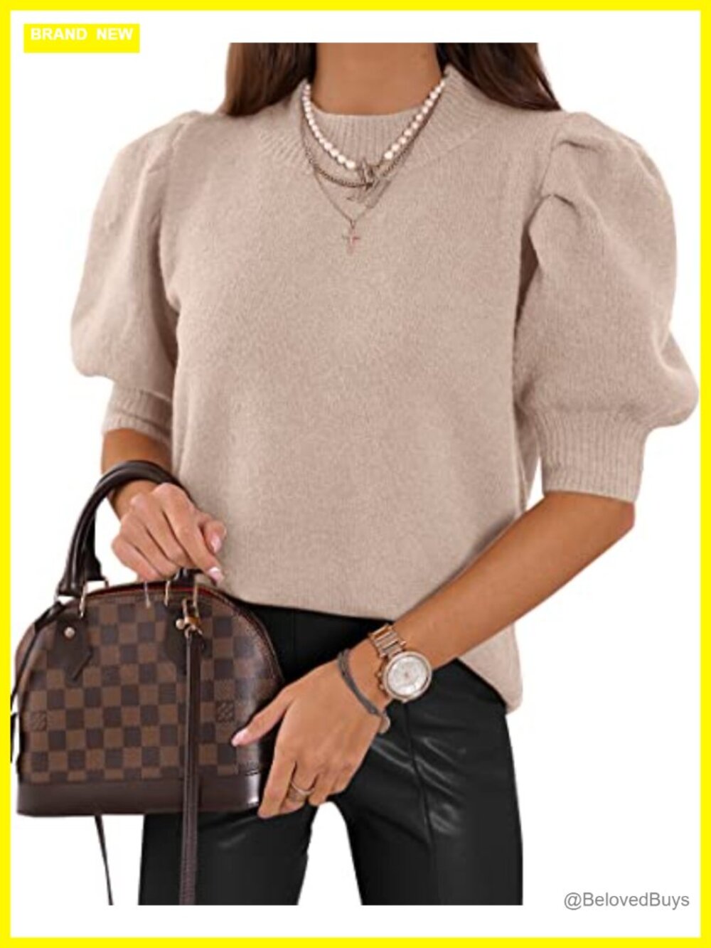 Puff Short Sleeve Knit Sweater Top Crew Neck Casual Tunic